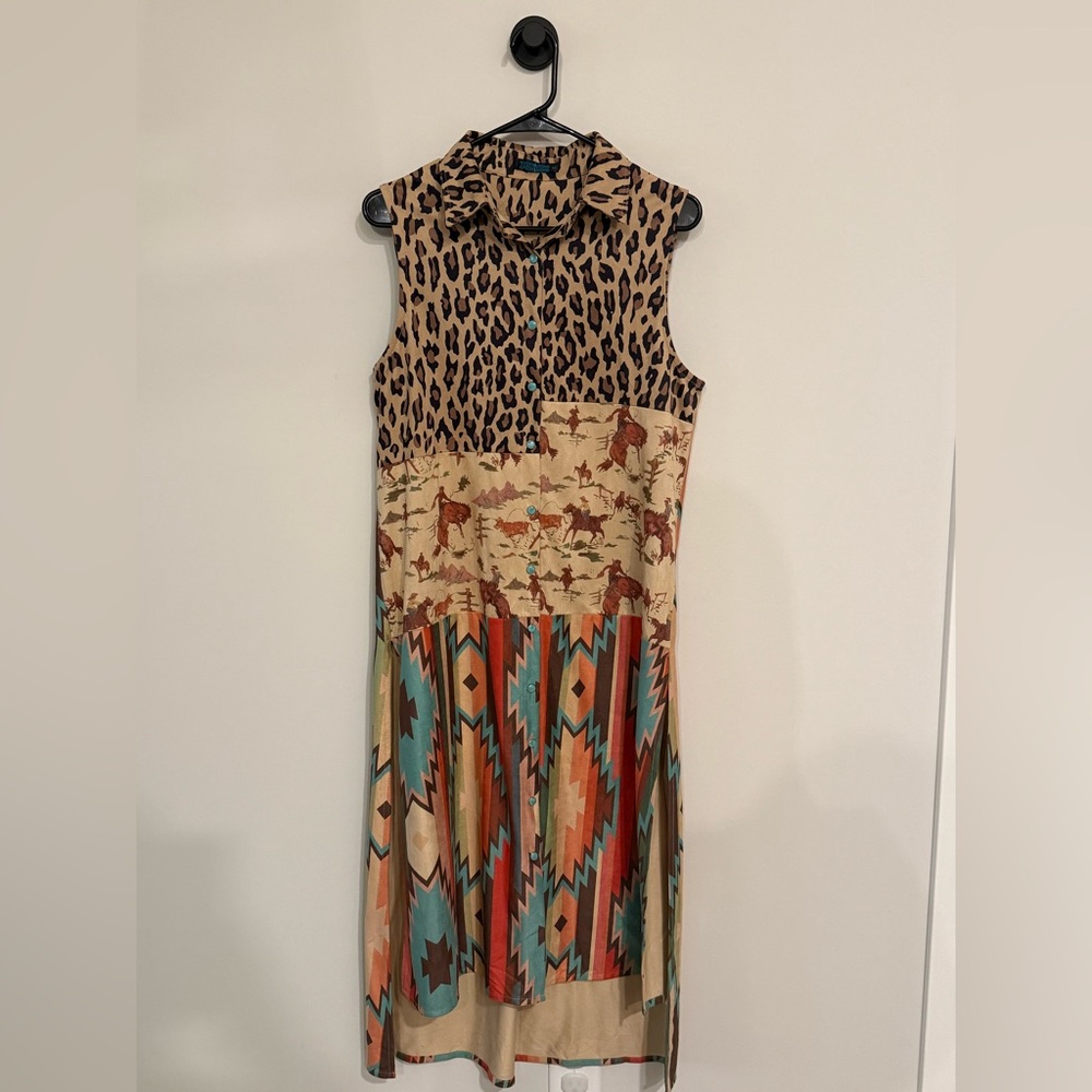 Sleeveless Mixed-Print Maxi Dress in Brown and Turquoise